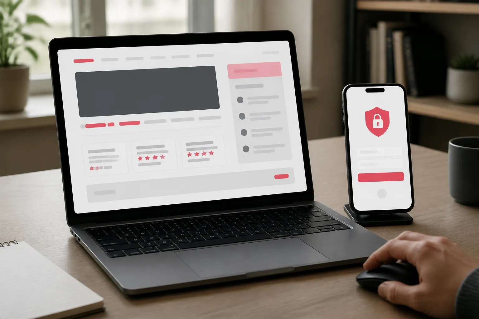 Laptop showing a generic casino review page beside a phone with a secure login screen